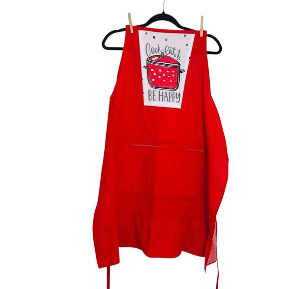 Unisex Cotton Apron:  One Size Fits All, Red, Stockpot Print, 2 Pockets, Ruffles - Picture 2 of 6